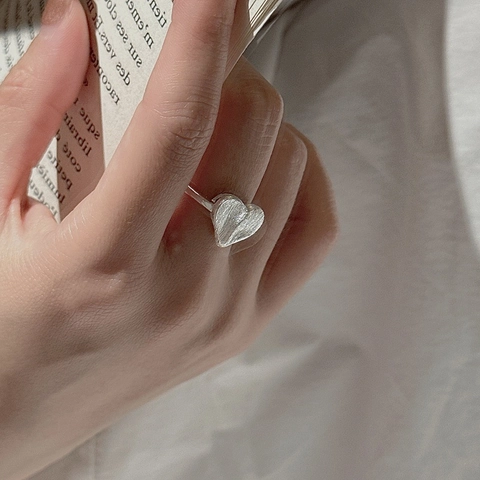 Koreanischer Stil 925 Sterlingsilber Herz Offener Ring Für Damen Gebürstete Textur Minimalistisch Verstellbar Mode Schmuck Fingerring