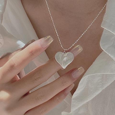 Collana a Cuore in Argento Sterling 925 per Donna Design Retro Spazzolato Opaco Ciondolo Catena a Sfere Gioielli Minimalisti Regalo