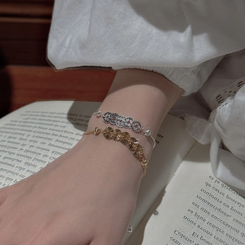 S925 Sterling Silver Korean Style Bracelet For Women CNC Radiating Texture Copper Coin Adjustable Minimalist Jewelry Gift