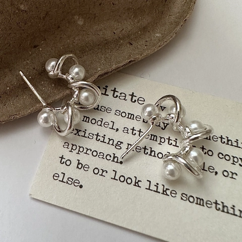 Orecchini a Bottone in Argento Sterling 925 con Perle Artificiali Intrecciate per Donna Gioielli Retrò Minimalisti Geometrici