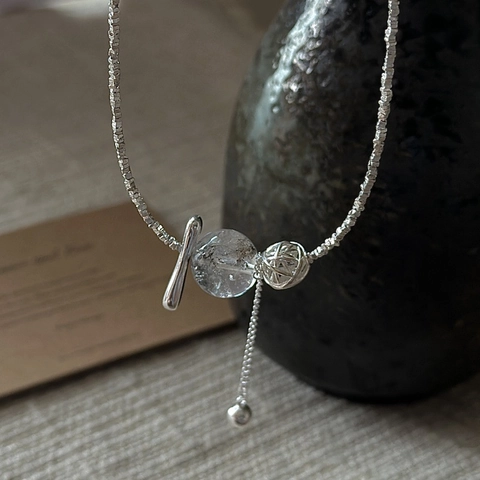 Collar de Borla de Cristal de Plata de Ley S925 para Mujer Cadena de Clavícula de Plata Fragmentada Irregular Joyería