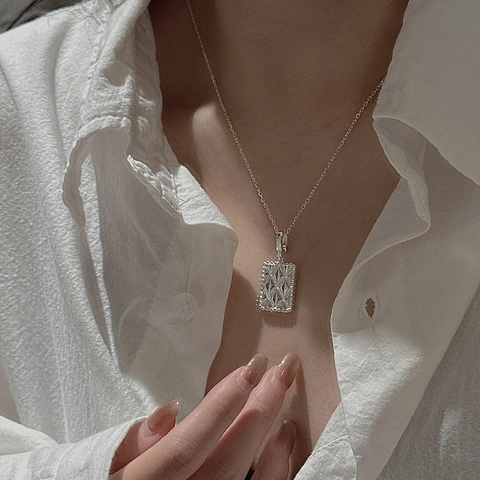 Collana con Pendente a Griglia Trapuntato in Argento Sterling S925 per Donna Minimalista Vintage Collana a Catena Rettangolare Geometrica Gioielli Regalo