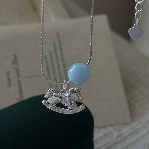 925 Sterling Silver Rocking Horse Pendant Necklace With Light Blue Bead Korean Style Minimalist Pony Clavicle Chain For Women