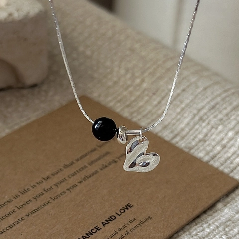 S925 Sterlingsilber Herz Anhänger Halskette Für Damen Unregelmäßiges Flüssigmetall Liebe Herz Schwarzer Achat Schlüsselbeinkette Schmuck
