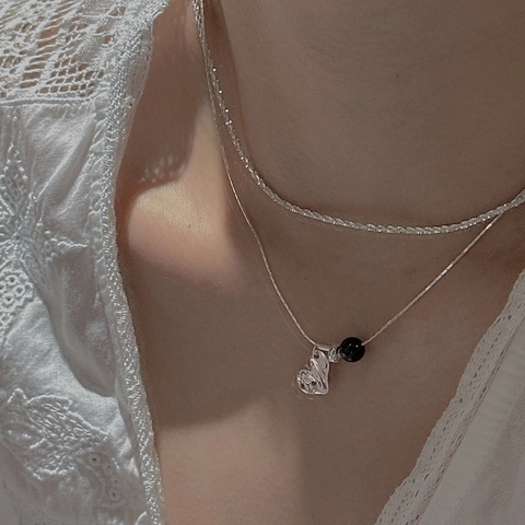 S925 Sterlingsilber Herz Anhänger Halskette Für Damen Unregelmäßiges Flüssigmetall Liebe Herz Schwarzer Achat Schlüsselbeinkette Schmuck