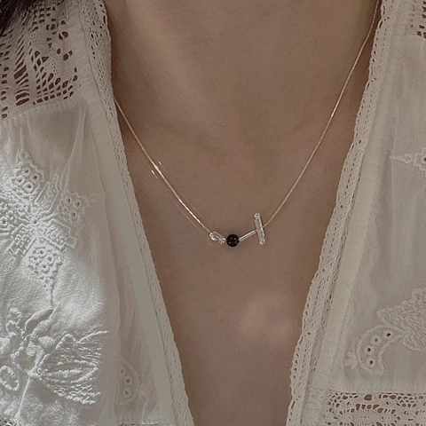 925 Sterlingsilber Halskette Für Damen Minimalistisch Geometrisch Schwarze Perle T-Stab Anhänger Schmuck Geschenk
