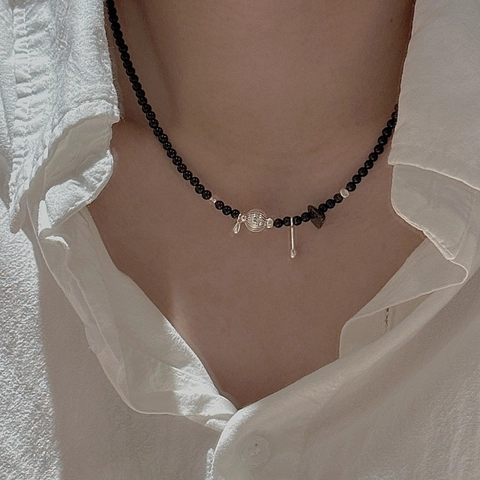 Vintage 925 Sterling Silver Black Agate Beaded Necklace For Women Minimalist Geometric Pendant Style Clavicle Chain Jewelry