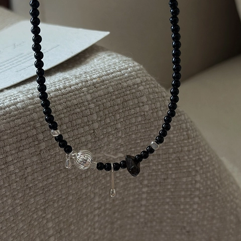 Vintage 925 Sterling Silver Black Agate Beaded Necklace For Women Minimalist Geometric Pendant Style Clavicle Chain Jewelry