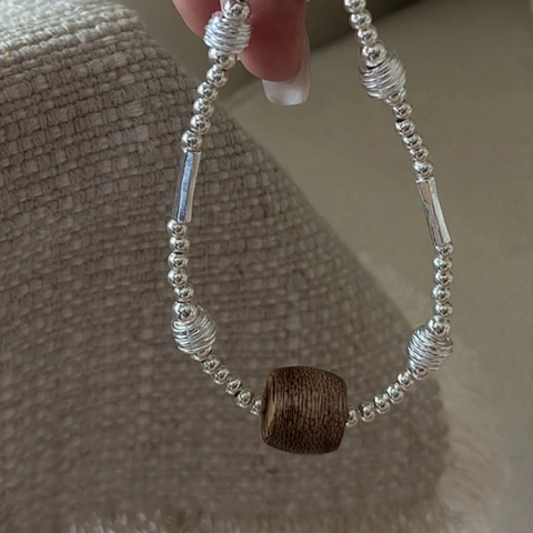 Bracciale S925 in Argento Sterling con Perline e Ciondolo a Cuore in Legno Naturale Gioiello Minimalista Vintage in Stile INS Coreano da Donna