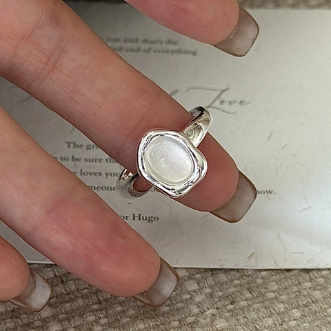 Anello Aperto Irregolare Vintage in Argento Sterling S925 per Donna Moda Pietra Preziosa Ovale in Giada Regolabile Gioielli