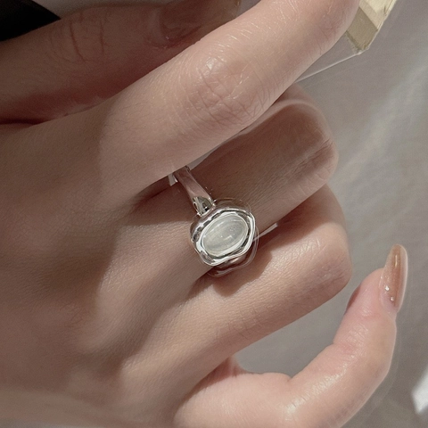 Anello Aperto Irregolare Vintage in Argento Sterling S925 per Donna Moda Pietra Preziosa Ovale in Giada Regolabile Gioielli