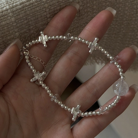 Bracelet à Perles en Argent Sterling 925 Vintage pour Femme Style Coréen Pendentif Croix Avec Strass Transparents Bijoux Cadeau Réglable