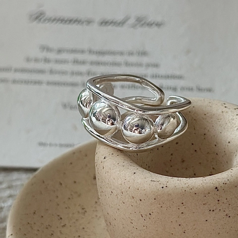 S925 Sterling Silber Minimalistisch Perlen Verstellbar Offener Ring Für Damen Doppelschicht Kugelperle Geometrisch Mode Fingerring Schmuck