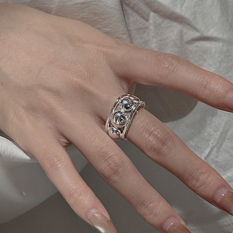 S925 Sterling Silber Minimalistisch Perlen Verstellbar Offener Ring Für Damen Doppelschicht Kugelperle Geometrisch Mode Fingerring Schmuck