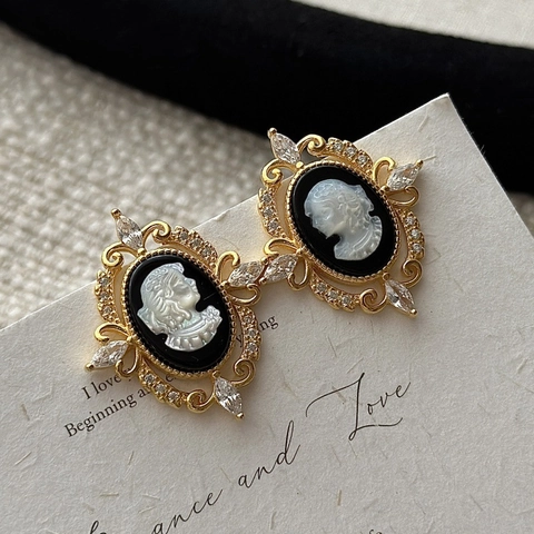 Boucles d'Oreilles Clous Cameo Portrait en Argent Sterling S925 Vintage pour Femme Bijoux en Or Argent Strass Incrustés