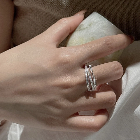 Anillo Abierto de Plata de Ley 925 Vintage con Textura Trenzada para Mujer Anillo de Dedo Geométrico Ajustable Minimalista