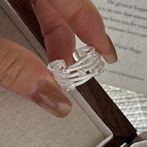 Vintage 925 Sterling Silver Multilayer Crisscross Open Ring For Women Minimalist Rhinestone Adjustable Finger Ring Jewelry