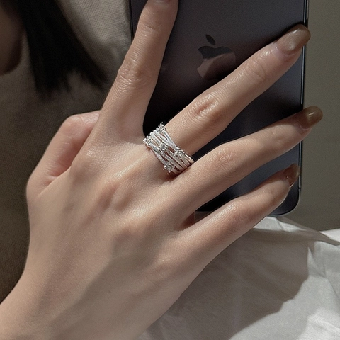 Vintage 925 Sterling Silver Multilayer Crisscross Open Ring For Women Minimalist Rhinestone Adjustable Finger Ring Jewelry