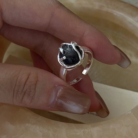 S925 Sterling Silver Obsidian Look Stone Ring Korean Niche Design Geometric Adjustable Open Ring For Women Vintage Jewelry