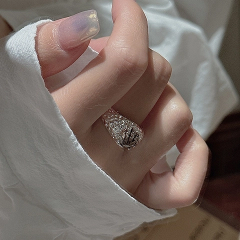 925 Sterling Silver Adjustable Ring For Women Vintage Lava Texture Black Rutilated Quartz Open Ring Minimalist Jewelry Gift
