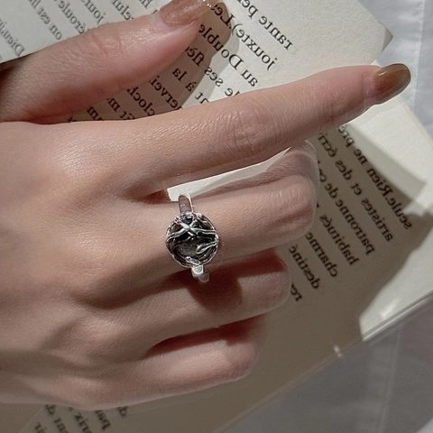S925 Sterling Silver Obsidian Look Stone Ring Korean Niche Design Geometric Adjustable Open Ring For Women Vintage Jewelry
