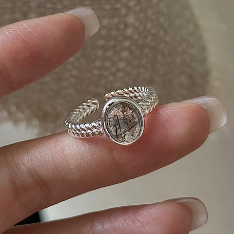 S925 Sterling Silver Black Rutilated Quartz Open Adjustable Ring Vintage Twisted Texture Oval Stone Jewelry For Women