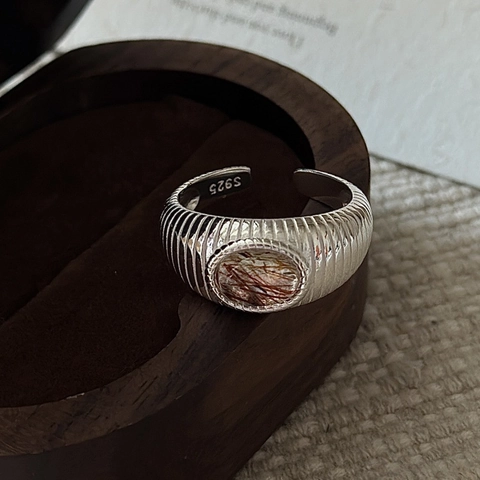Vintage S925 Sterling Silver Rutilated Quartz Open Ring For Women Ribbed Texture Oval Brown Gemstone Adjustable Jewelry