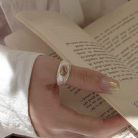 Vintage S925 Sterling Silver Rutilated Quartz Open Ring For Women Ribbed Texture Oval Brown Gemstone Adjustable Jewelry
