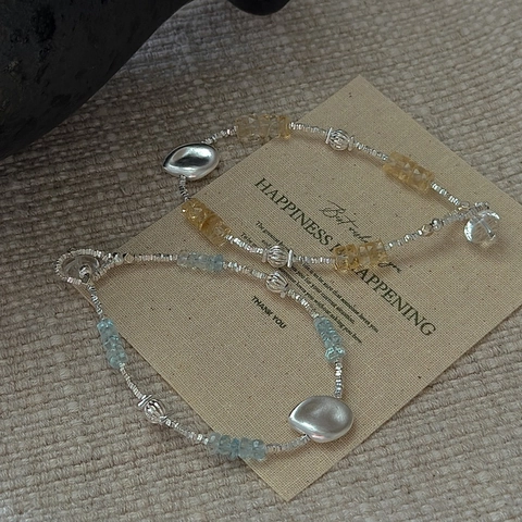 Vintage 925 Sterling Silver Beaded Bracelet For Women Minimalist Irregular Natural Stone Aquamarine Citrine Style Hand Jewelry