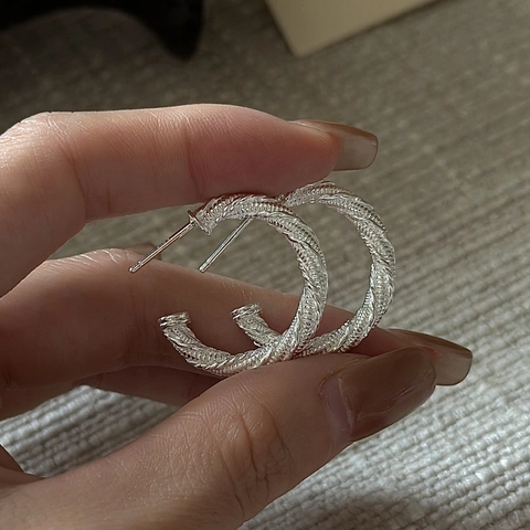 925 Sterling Silver Twisted Hoop Earrings Vintage Minimalist C-Shaped Spiral Texture Jewelry For Women Girls Everyday Accessories