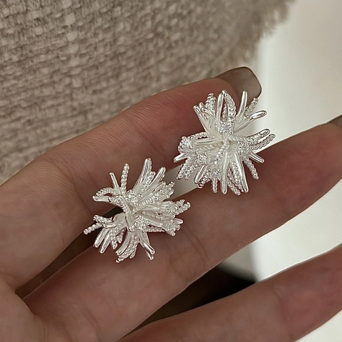 S925 Sterling Silver Firework Starburst Stud Earrings Rhinestone Inlaid Irregular Geometric Ear Jewelry For Women Korean Fashion