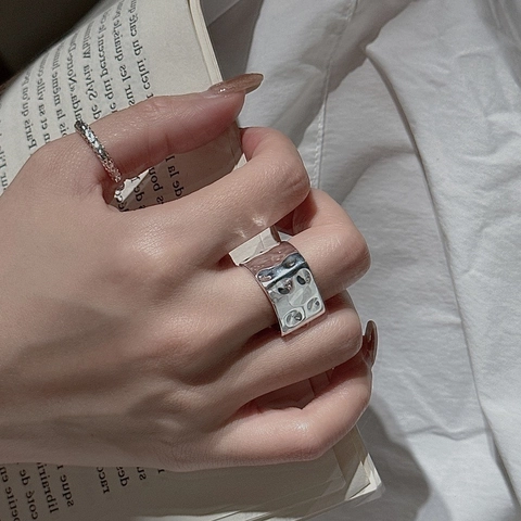 S925 Sterlingsilber Gehämmert Unregelmäßiger Offener Ring Für Damen Minimalistisch Geometrisch Verstellbarer Breiter Fingerring Mode Schmuck
