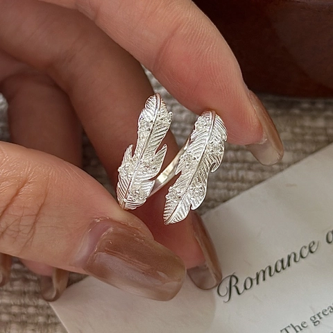 Vintage 925 Sterlingsilber Feder Offener Ring Für Damen Verstellbarer Koreanischer Stil Strass Verzierter Fingerring Schmuck Geschenk