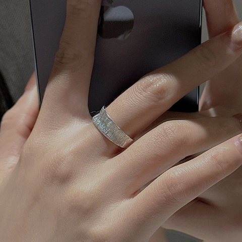Vintage 925 Sterlingsilber Offener Ring Für Damen Minimalistisch Gebürstete Textur Unregelmäßiger Geometrischer Verstellbarer Ring