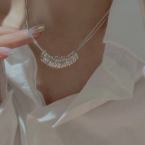 Vintage S925 Sterling Silver Multi-Ring Pendant Necklace For Women Minimalist Korean Double Layer Snake Bone Chain Clavicle Jewelry