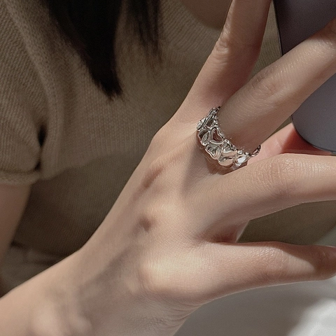 Vintage 925 Sterlingsilber Herz Offener Ring Für Damen Koreanisch Minimalistisch Hohl Liebe Herz Doppelschicht Verstellbarer Schmuckring