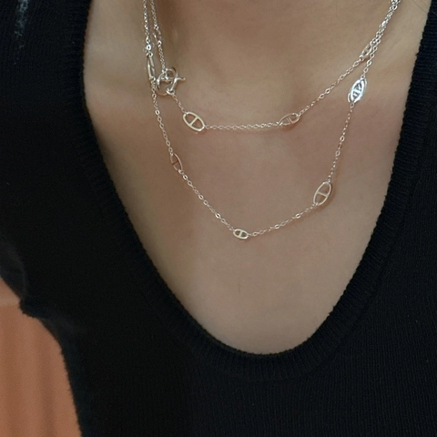 925 Sterling Silver Pig Nose Double Layer Necklace For Women Retro Minimalist Anchor Chain Sweater Necklace Toggle Clasp Jewelry