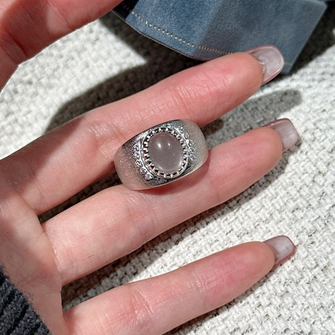 Vintage S925 Sterling Silver Brushed Adjustable Ring For Women Retro Moonstone Rhinestone Inlaid Opening Finger Ring Jewelry