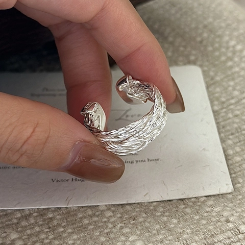 925 Sterling Silver Woven Pattern Open Ring For Women Retro Korean Hand-Woven Geometric Adjustable Finger Ring Jewelry Gift