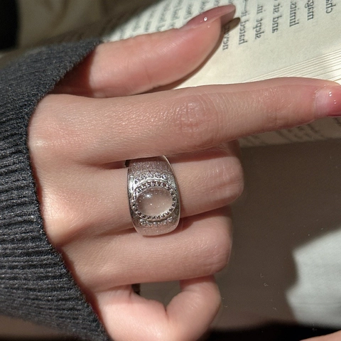 Vintage S925 Sterling Silver Brushed Adjustable Ring For Women Retro Moonstone Rhinestone Inlaid Opening Finger Ring Jewelry