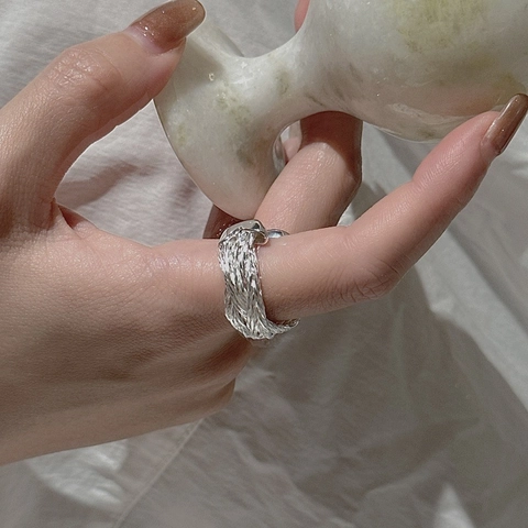 925 Sterling Silver Woven Pattern Open Ring For Women Retro Korean Hand-Woven Geometric Adjustable Finger Ring Jewelry Gift