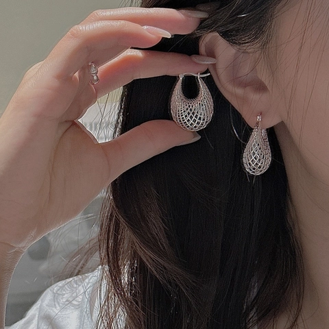 925 Sterling Silver Teardrop Hollow Mesh Earrings For Women Vintage Minimalist Korean Style Silver Dangle Earrings Jewelry