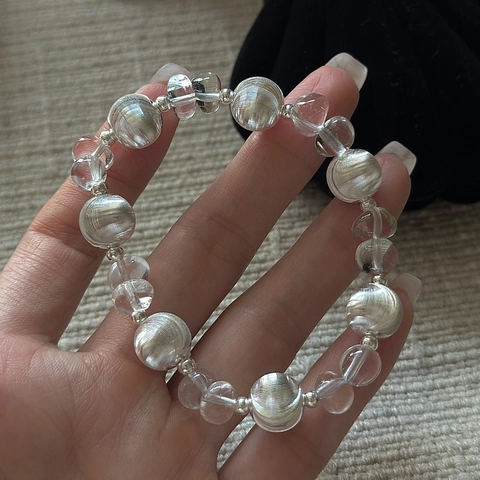 925 Sterling Silver Crystal Beaded Bracelet For Women Minimalist Cat Eye Stone Rutilated Quartz Elastic Korean Jewelry Gift