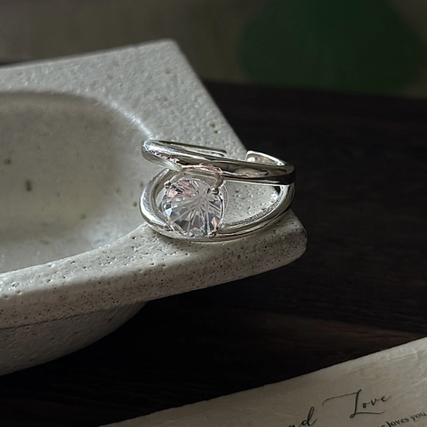 S925 Sterlingsilber Doppellagiger Offener Ring Vintage Runder Zirkonia Verstellbarer Koreanischer Stil Mode Finger Schmuck Für Damen