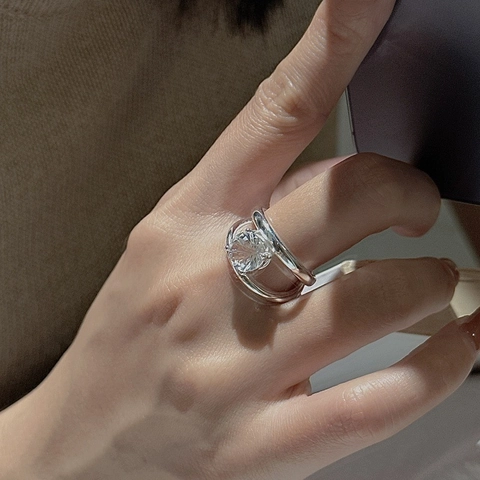 S925 Sterlingsilber Doppellagiger Offener Ring Vintage Runder Zirkonia Verstellbarer Koreanischer Stil Mode Finger Schmuck Für Damen
