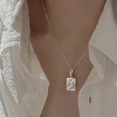 Vintage 925 Sterling Silver Star Moon Rectangular Pendant Necklace With Rhinestone For Women Niche Design Jewelry Gift
