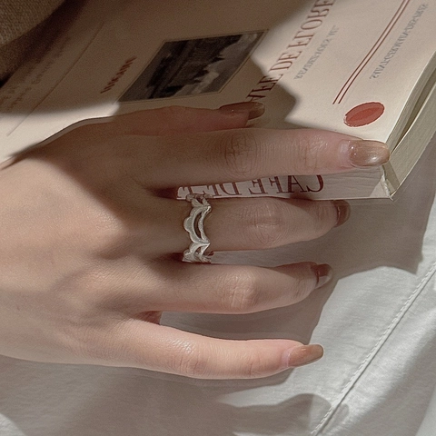 S925 Sterling Silver Vintage Wave Texture Ring For Women Korean Minimalist Irregular Double Layer Adjustable Open Finger Ring