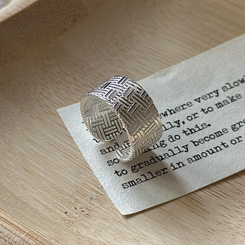 925 Sterling Silver Woven Texture Open Ring For Women Vintage Minimalist Adjustable Finger Ring Retro Mesh Design Jewelry