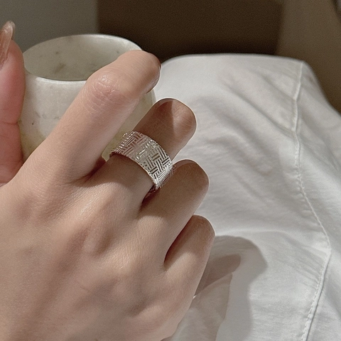 925 Sterling Silver Woven Texture Open Ring For Women Vintage Minimalist Adjustable Finger Ring Retro Mesh Design Jewelry