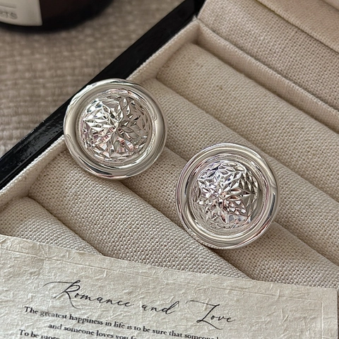 Orecchini a Bottone Rotondi in Argento Sterling 925 da Donna Vintage Minimalista Trama Taglio Diamante CNC Orecchini Argento